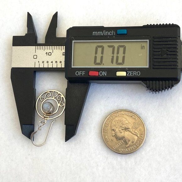 Sterling Silver 925 Round Moonstone Cabochon Round Scrollwork Dangle Earrings - Picture 14 of 16